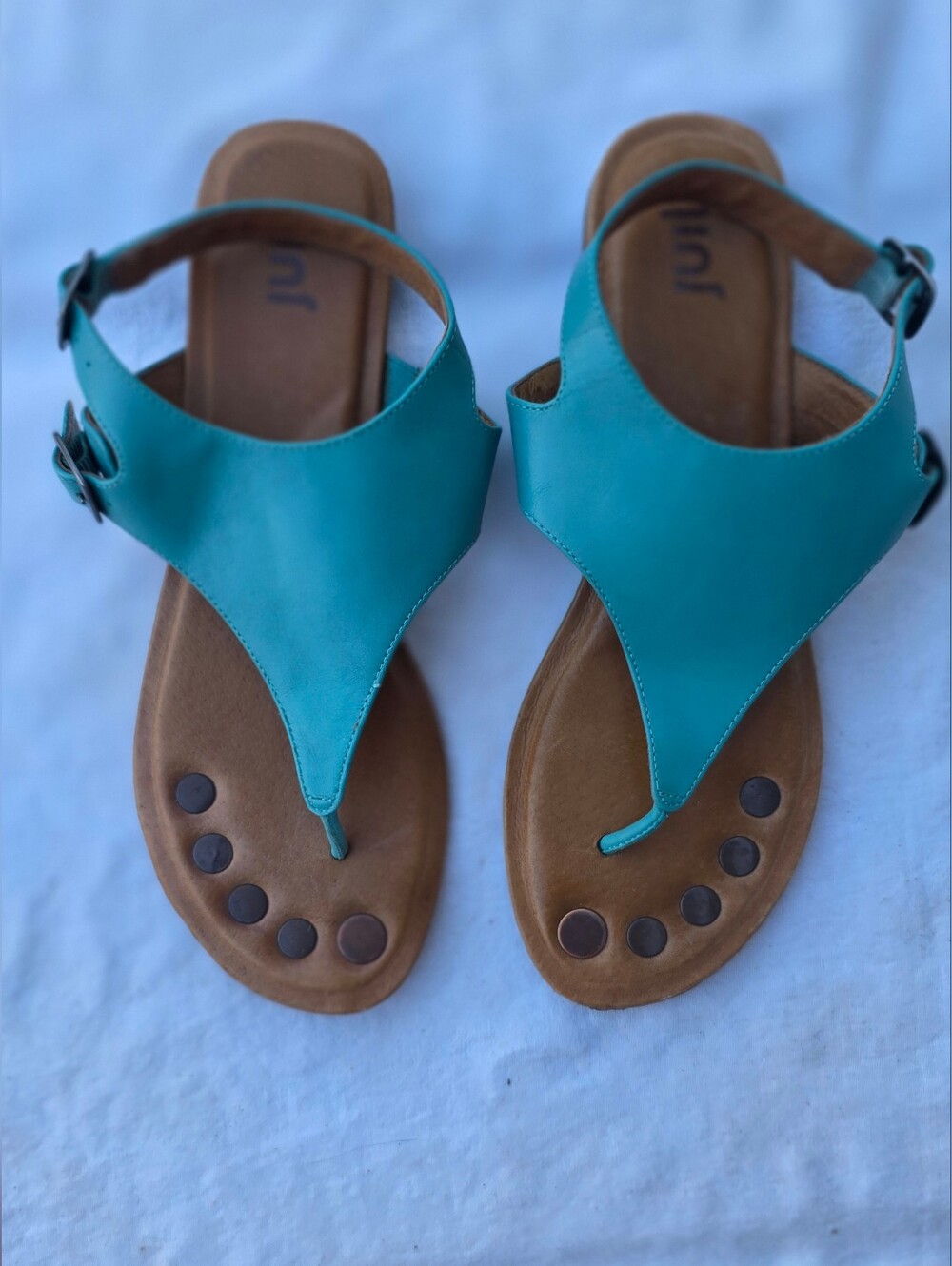JuIl Earthing Grounding Leather Turquoise T-Strap Sandals Size 9 Adjustable